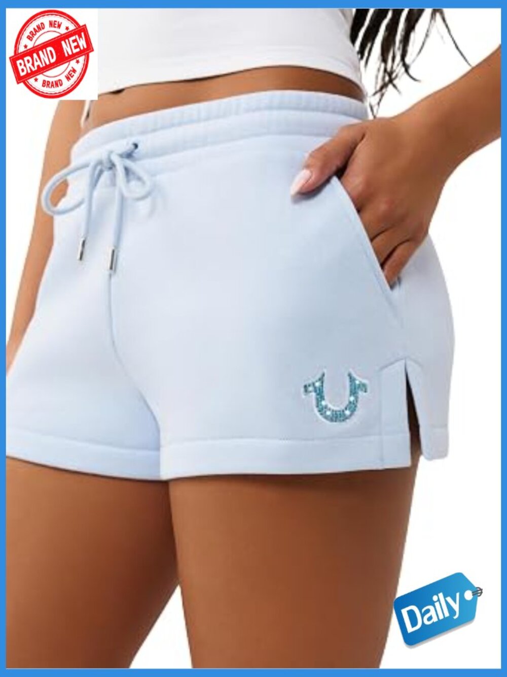 Embroidered Horseshoe Sweat Shorts - Drawstring Waist, Slanted Pockets, Mid